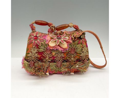 Orange with pink and green floral beading and gold toned stitching define this small bag. Beads with chain link shoulder stra