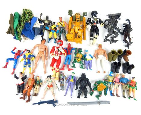 A Star Wars Boba Fett together with various retro plastic action figures: Spider-man; Wolverine; Bat-man and some modern movi