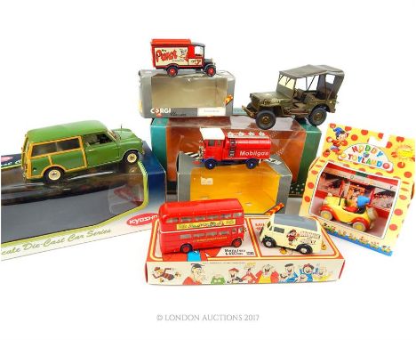A Corgi Bash Street Kids and Minnie the Minx Morris J van and AEC bus together two other corgi die-cast models, a Lledo Noddy
