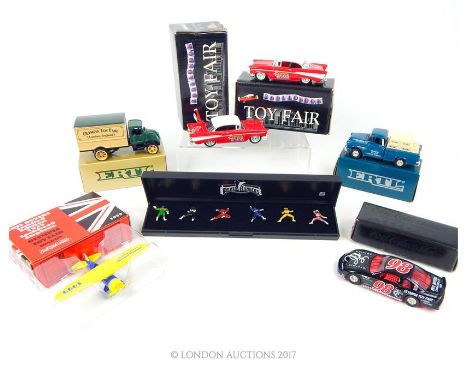 Six Ertl Toy Fair promotional die-cast models in original boxes including a 1999 limited edition 1929 Lockheed airplane also 