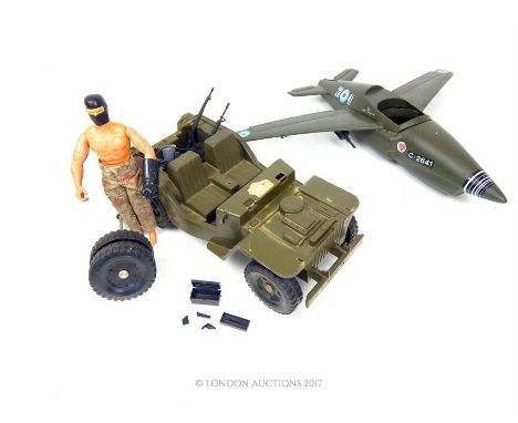 A retro plastic model Cherilea 'Jet fighter' Action Man style toy together with a similar scale plastic jeep; with later acti
