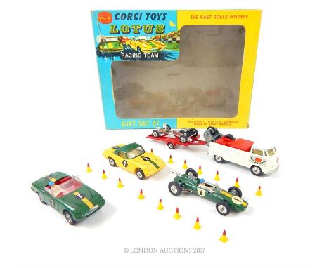 A Corgi Toys Lotus Racing team, Gift Set No.3: Lotus Climax racing car; Lotus Elan Coupe; Lotus Elan S.2; a Volkswagen breakd