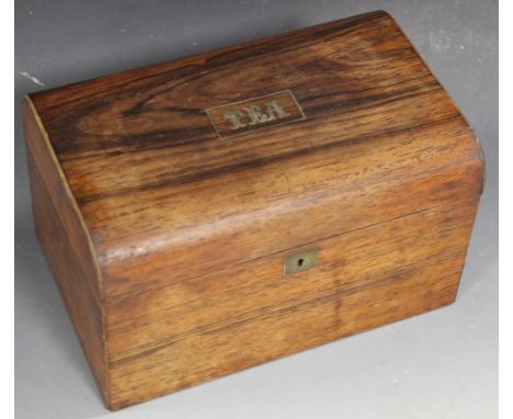 A ROSEWOOD TWO SECTION TEA CADDY, inlaid in white metal to the lid 'TEA', 21 x 14 x 12.5 cmBuyers - for shipping pricing on t