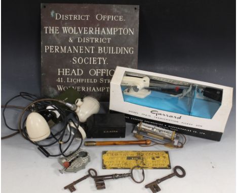 TWO METAL WALL SIGNS, an Art Deco style desk calendar, three old keys, a tipstaff, a boxed Garrard TRA10 pickup arm, and toy 