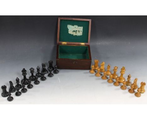 A 19TH CENTURY 'JAQUES' WEIGHTED CHESS SET, in original hinged lid single section mahogany box with original tatty label insi