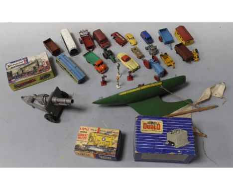 A QUANTITY OF VINTAGE TOYS, to include a small pond yacht, diecast vehicles and a boxed Hornby Dublo battery light controller