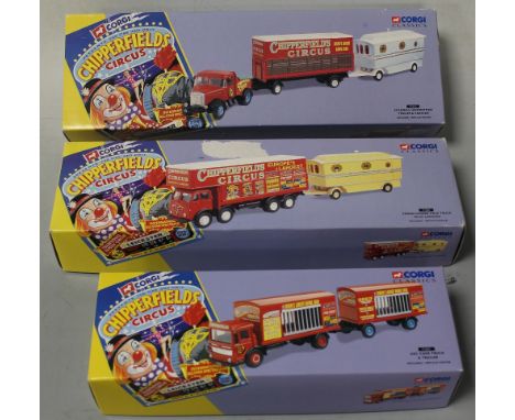 THREE BOXED CORGI 1:50 SCALE CHIPPERFIELDS CIRCUS DIECAST VEHICLES, to include 97885 Scammell Highwayman trailer and caravan,