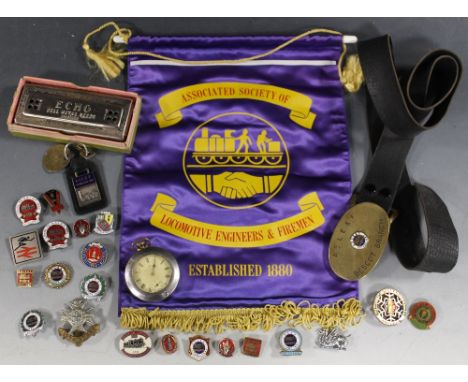 A SMALL COLLECTION OF A.S.L.E.F. AND N.U.M. BADGES, a cased Ingersoll pocket watch, a leather belt with ASLEF Bescot branch b