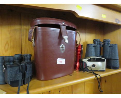 PAIR OF KARL ZEISS 10X50 BINOCULARS WITH CASE, TWO OTHER PAIRS OF BINOCULARS , TORCH AND FILM CAMERA.