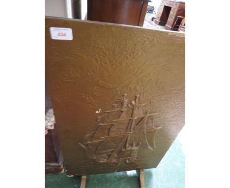 A WOODEN FIRE SCREEN WITH SAILING SHIP FINISHED IN A  GOLD PAINT. *