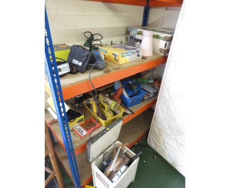 TWO SHELVES OF TOOLS INCLUDING BOSCH ELECTRIC JIG SAW , BLACK AND DECKER CORDLESS DRILL , SANDER , BATTERY CHARGER , PROPERGA