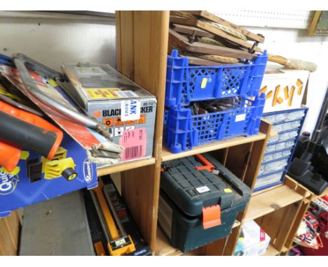 FIVE SHELVES OF TOOLS AND DIY ITEMS INCLUDING BLACK AND DECKER ELECTRIC PLAINER , SOCKET SET , LOOSE HAND TOOLS ETC. TOGETHER