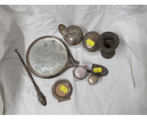 SILVER FLUTED VASE WITH FILLED BASE , SILVER LIDDED DRESSING TABLE JAR , SILVER CLAD HAND MIRROR, BUTTON HOOK AND OTHER ITEMS