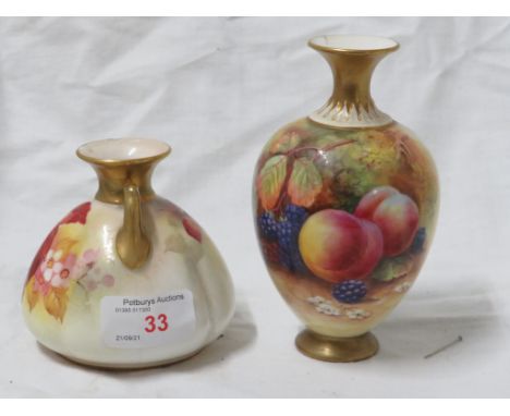 TWO ROYAL WORCESTER BLUSH IVORY VASES DECORATED WITH FLOWERS. (AF)