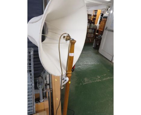 MID WOOD STANDARD LAMP WITH CREAM SHADE . (AF) *