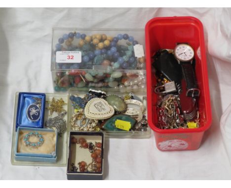 SELECTION OF COSTUME JEWELLERY , TOGETHER WITH A WRIST WATCH AND SWISS ARMY STYLE KNIFE.