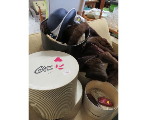 VINTAGE FUR COAT TOGETHER WITH A SELECTION OF VINTAGE HATS AND OTHER ITEMS CONTAINED IN HAT BOXES.