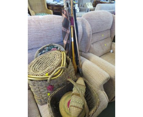 VINTAGE UMBRELLAS , SHOOTING STICK , EXERCISE CLUB AND VARIOUS WICKER AND RUSH WOVEN BASKETS.