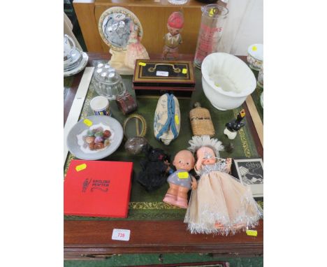 VINTAGE ITEMS INCLUDING STONEWARE JELLY MOULD , CASH TIN , DOLLS AND OTHER ITEMS.