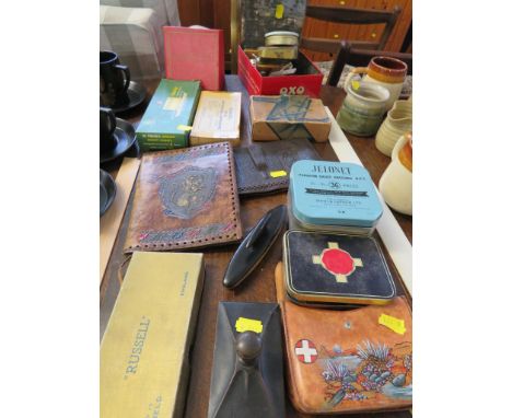 VINTAGE COMMERCIAL TINS , HAIR CLIPPERS , INK BLOTTER , FIRST AID KIT , LEATHER GOODS AND OTHER ITEMS.