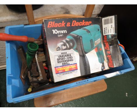 PLASTIC CRATE WITH CONTENTS OF ASSORTED HAND TOOLS AND BLACK AND DECKER ELECTRIC HAMMER DRILL.
