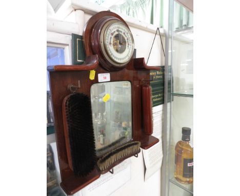 VINTAGE OAK MOUNTED HALLWAY BAROMETER WITH MIRROR AND HANGING CLOTHES BRUSHES.
