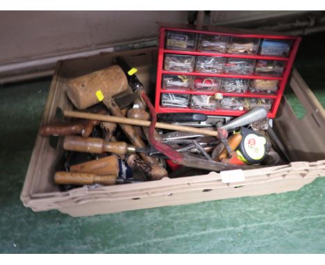 TRAY OF ASSORTED HAND TOOLS , TOGETHER WITH A SET OF STORAGE DRAWERS WITH CONTENTS OF DIY ITEMS.