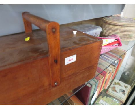 WOODEN SEWING BOX WITH CONTENTS, RUSH WOVEN BASKET WITH CONTENTS OF SEWING ITEMS , KNITTING NEEDLES ETC. (ONE SHELF)