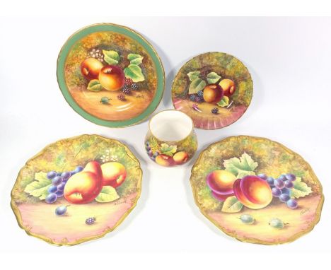 JAMES SKERRETT (B.1954), PAIR OF BONE CHINA PLATES ONE PAINTED WITH PEACHES AND GRAPES AND TWO GOOSEBERRIES (DIA. 22.2 CM) AN