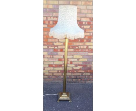 BRASS CORINTHIAN COLUMN STANDARD LAMP WITH A FLUTED COLUMN , ON A SQUARE BASE, FOUR CLAW FEET (H. 135.5 CM) WITH SHADE (2) 