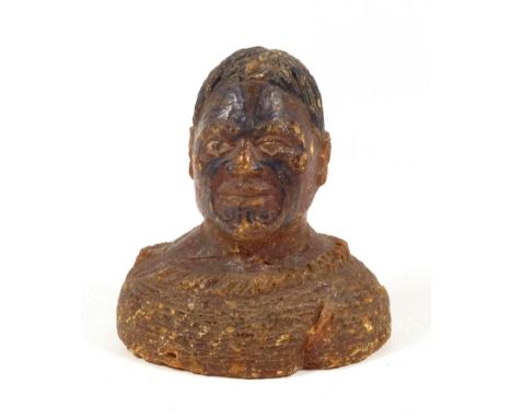 LATE 19TH CENTURY NEW ZEALAND, CARVED, PAINTED AND MOULDED KAURI GUM MAORI BUST OF A MAN WITH FULL MOKO AND FLAX CLOAK (H. 10