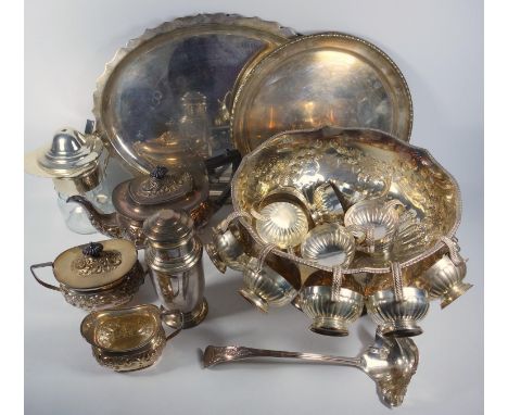 SILVER PLATED COPPER PUNCH SET, WITH A CIRCULAR BOWL EMBOSSED WITH A FLORAL AND FRUIT DECORATION BELOW A GADROONED SHAPED RIM