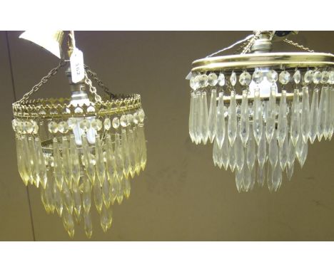 BRASS THREE TIER CORONA CEILING LIGHT WITH FACETED GLASS BEAD AND LOZENGE DROPS (H.32 CM, D. 20 CM, AND ANOTHER THREE TIER CO