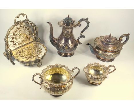 A VICTORIAN FINE SILVER PLATED TEA AND COFFEE SET OF CIRCULAR BALUSTER FORM WITH CHASED AND EMBOSSED FLORAL ROCOCO DECORATION