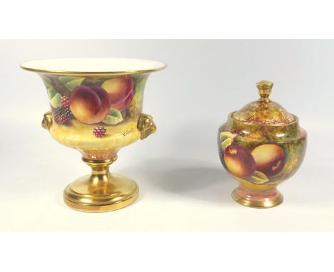 JAMES SKERRETT (B.1954), BONE CHINA CAMPANA SHAPED VASE PAINTED WITH TWO PEACHES AND BLACKBERRIES ON A CIRCULAR FOOT (RETAILE