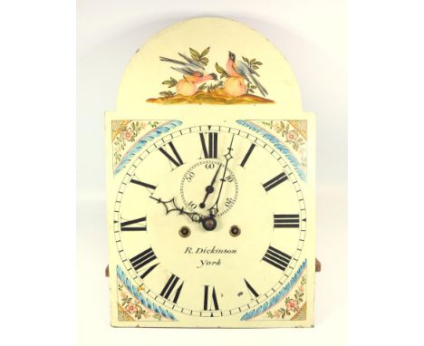 LONGCASE CLOCK MOVEMENT WITH A 34 CM WIDE PAINTED ARCHED DIAL INSCRIBED R. DICKINSON, YORK, BLACK ROMAN NUMERALS AND SECONDS 