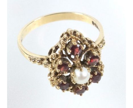 9 CT GOLD RING SET SIX GARNETS AND CULTURED PEARL, 3.5 GRAMS 