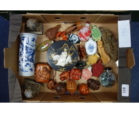 JAPANESE CARVED WOOD NETSUKE, SHIBAYAMA BOX (DIA. 11.4 CM), ELEVEN CHINESE SNUFF BOTTLES, THREE SOAPSTONE CARVINGS, PORCELAIN