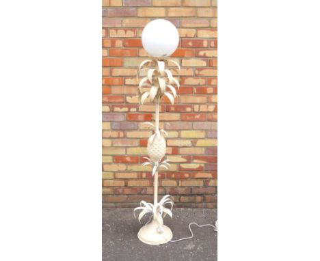 CREAM PAINTED METAL 'PINEAPPLE' LAMP STANDARD ON A CIRCULAR BASE, WITH OPAL GLASS SPHERICAL SHADE (H. 159 CM) 