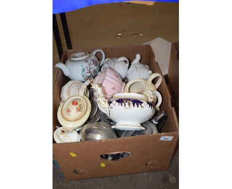 Box of assorted silver plated, ceramic, porcelain teapots to include Oriental wares etc