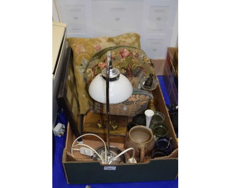 A box of assorted items to include lacquered trinket box, framed watercolour, various glass and ceramic t-light holders, embr