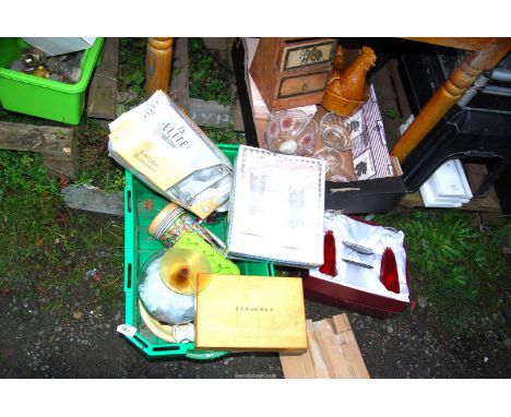 Two boxes of glass to include: beer stein, a hen on nest, etc.