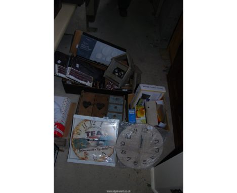 A mirror set, curtains, shabby chic shelves, clocks, etc.