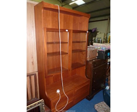 A Lounge/display Teak cabinet made by Portwood Furniture, with built-in lighting, 76" high x 45" wide x 16" deep.