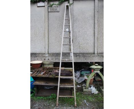 A eleven rung wooden fruit picking ladder with safety stays. 