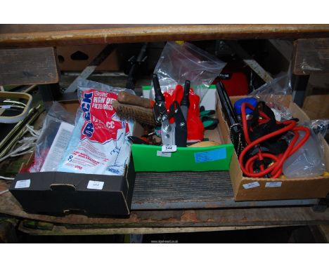 Three boxes of gardening tools, gloves, etc.