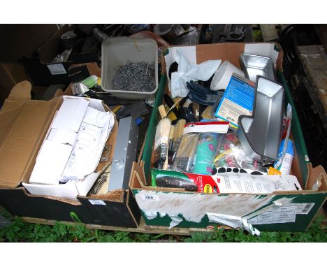 Two boxes of miscellaneous to include: automatic door shutter, tools, paint brushes, etc.