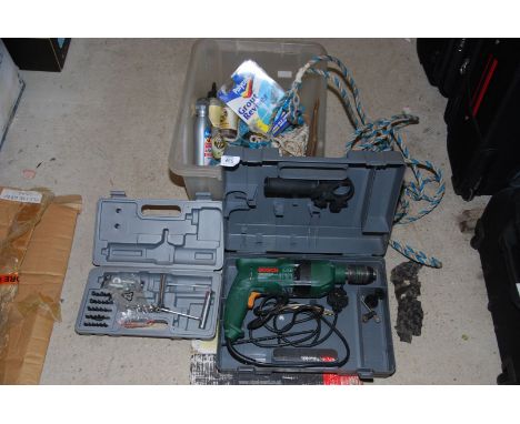 Bosch 240 volt hammer drill, rope, ratchet etc.