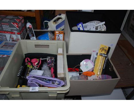 Four boxes of tools, crafting items, tapes, voltage meter, Unibond, etc.