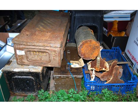 A crate of shoe lasts, cast iron brackets and a quantity of ammunition boxes.